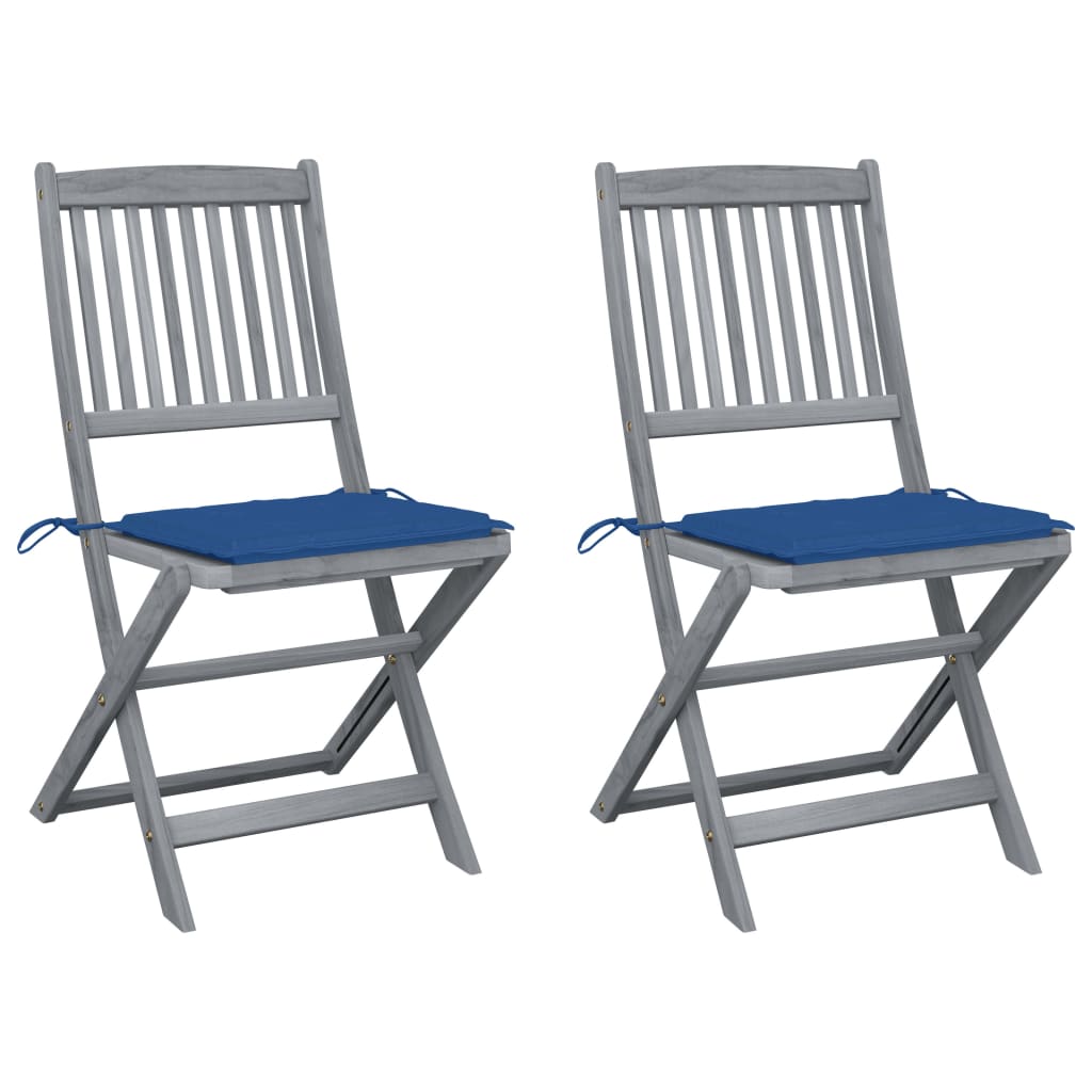 Set de 2 scaune pliabile de exterior vidaXL, Lemn de acacia-Poliester, 48,5 x 57 x 91 cm, Gri-Perne albastru regal