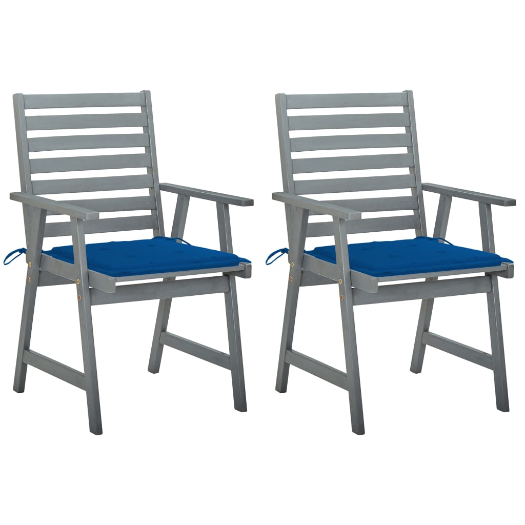 Set de 2 scaune de exterior cu perne, vidaXL, Lemn de acacia-Poliester, 56 x 62 x 92 cm, 4 cm, Gri/Perne Albastru regal