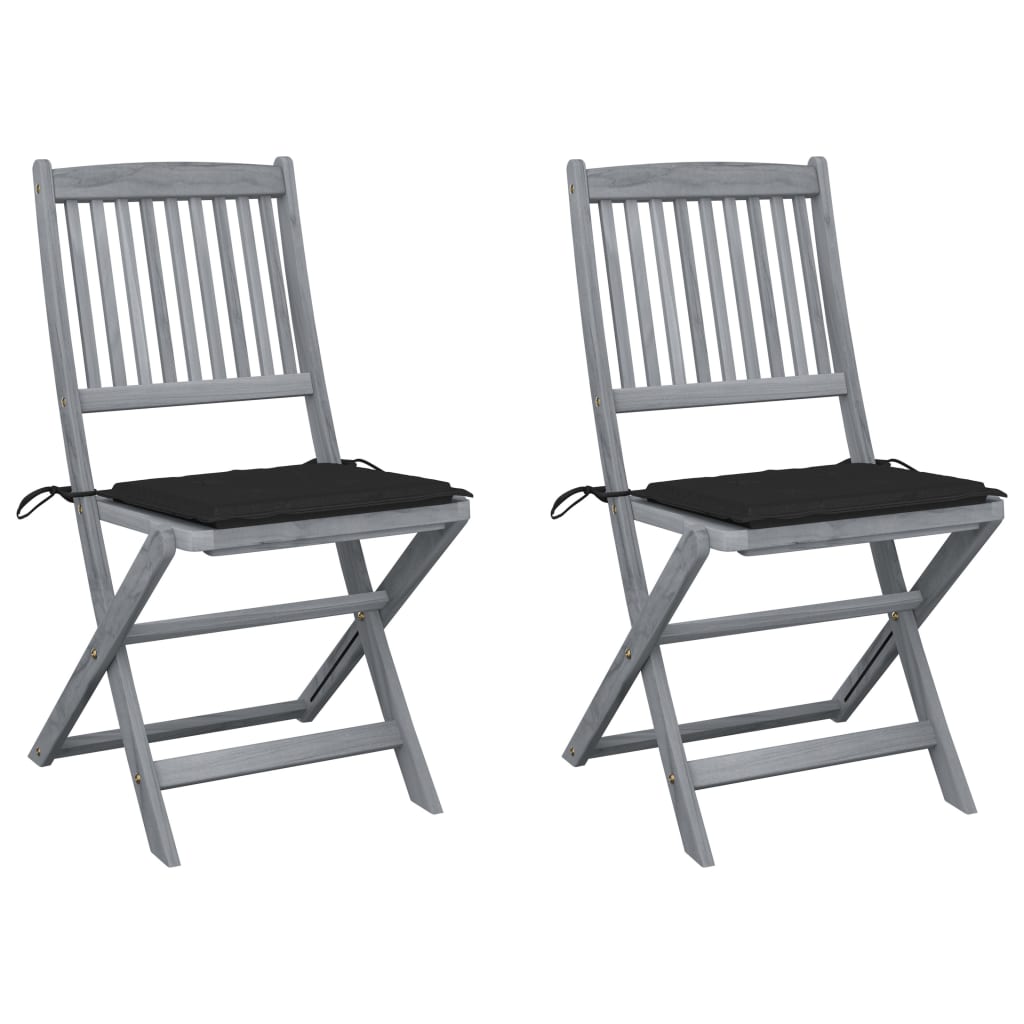 Set de 2 scaune pliabile de exterior vidaXL, Lemn de acacia-Poliester, 48,5 x 57 x 91 cm, Gri-Perne negru