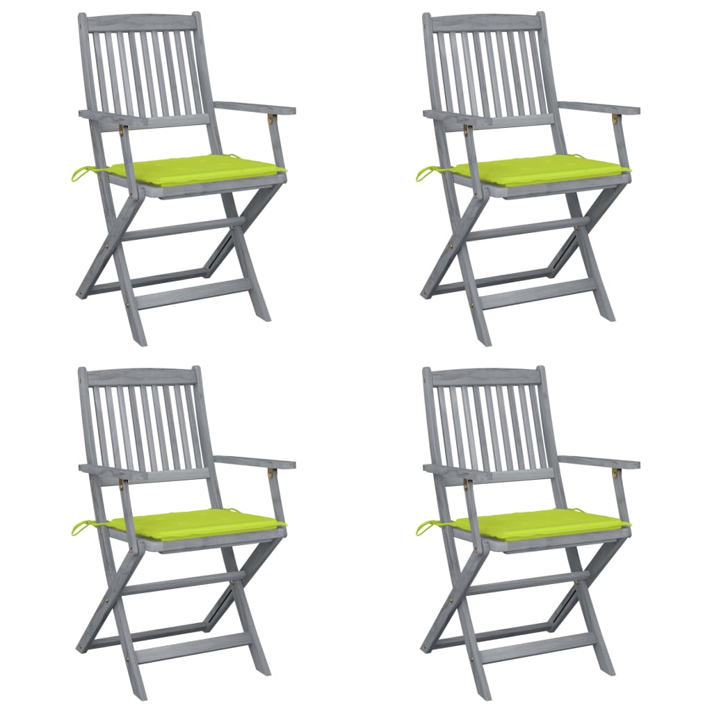 Set de 4 scaune pliabile de exterior cu perne, vidaXL, Lemn de acacia-Poliester, 54 x 57 x 91 cm, 4 cm, Gri/Perne verde aprins