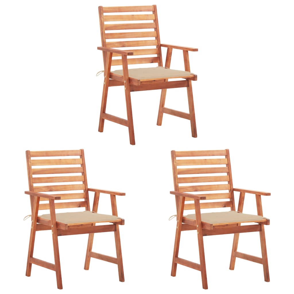 Set de 3 scaune de exterior cu perne, vidaXL, Lemn de acacia-Poliester, 56 x 62 x 92 cm, 4 cm, Maro/Perne maro deschis