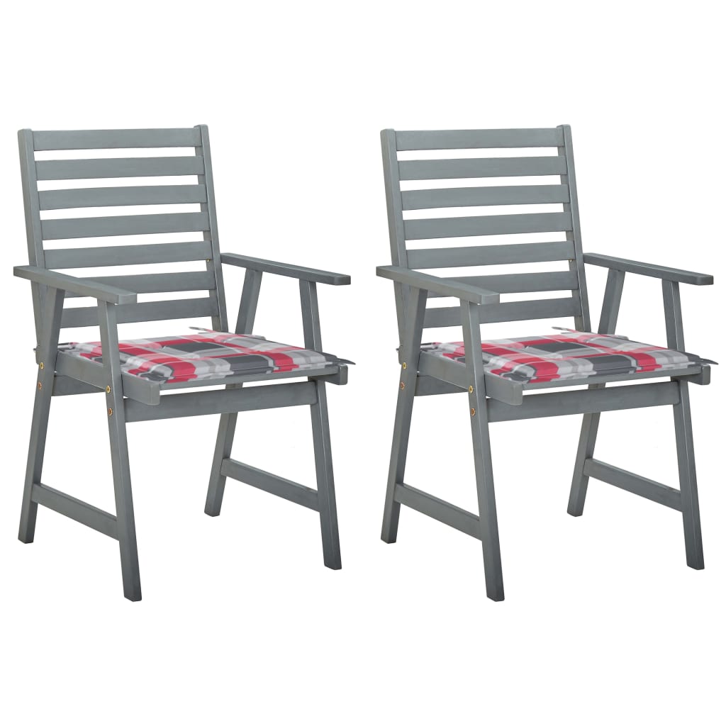 Set de 2 scaune de exterior cu perne, vidaXL, Lemn de acacia-Poliester, 56 x 62 x 92 cm, 4 cm, Gri/Perne model carouri gri-rosu
