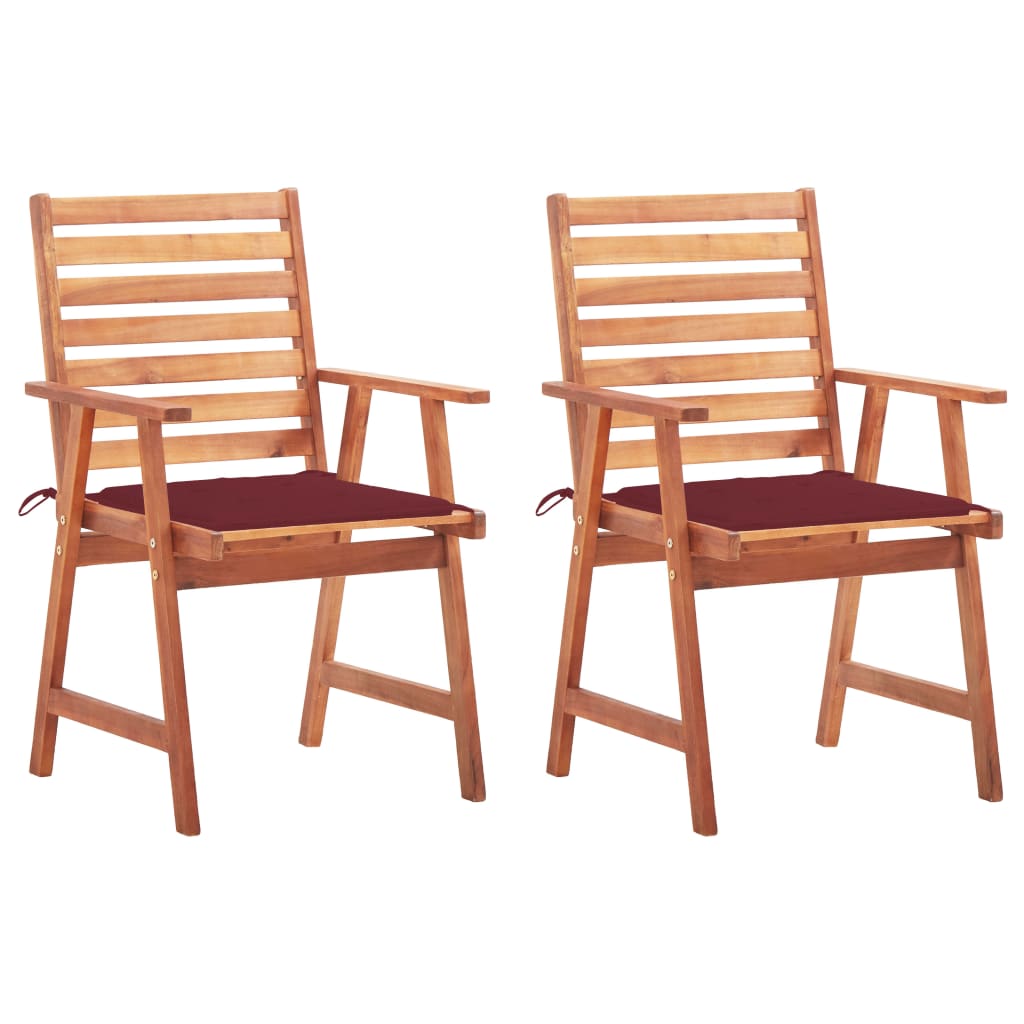 Set de 2 scaune de exterior cu perne, vidaXL, Lemn de acacia-Poliester, 56 x 62 x 92 cm, 4 cm, Maro/Rosu bordo