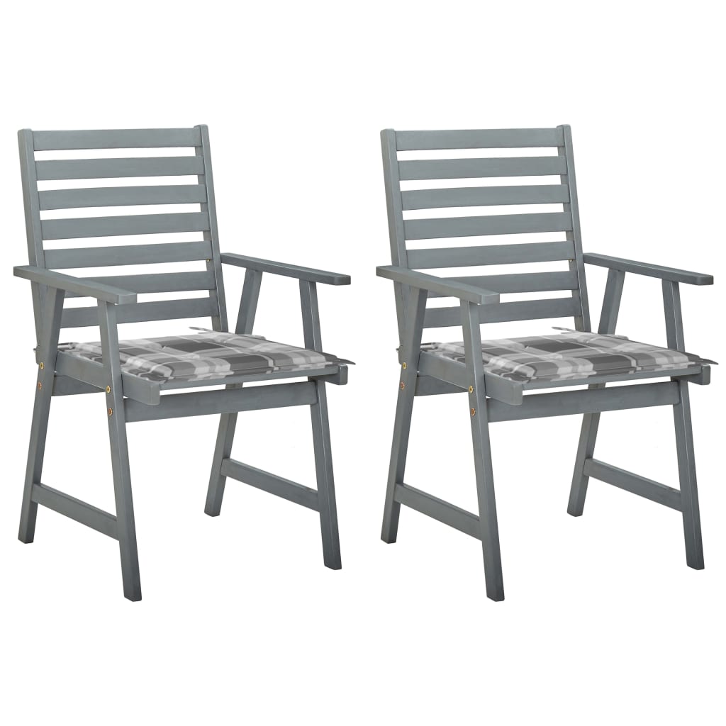 Set de 2 scaune de exterior cu perne, vidaXL, Lemn de acacia-Poliester, 56 x 62 x 92 cm, 4 cm, Gri/Perne model carouri gri