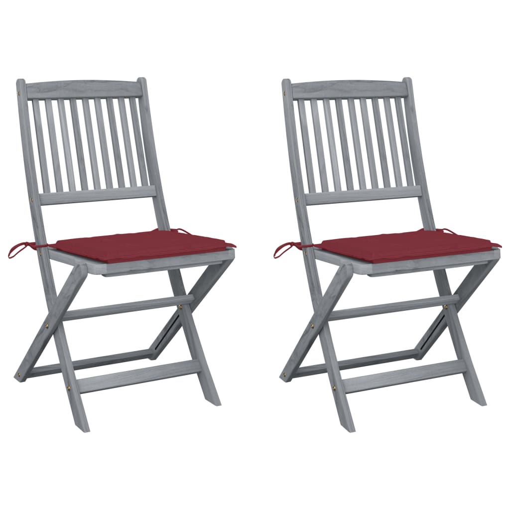 Set de 2 scaune pliabile de exterior vidaXL, Lemn de acacia-Poliester, 48,5 x 57 x 91 cm, Gri-Perne rosu bordo