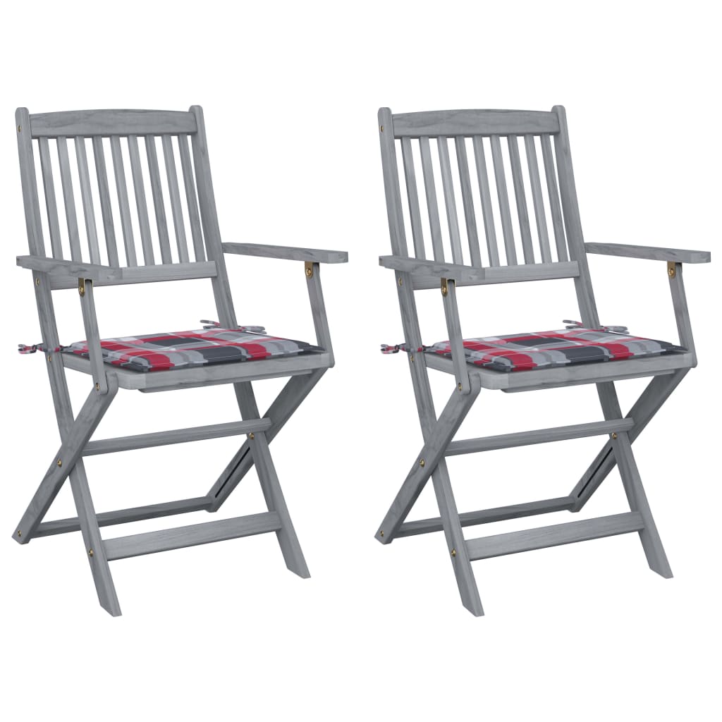 Set de 2 scaune pliabile de exterior cu perne, vidaXL, Lemn de acacia-Poliester, 54 x 57 x 91 cm, 4 cm, Gri/Perne model carouri rosu-gri
