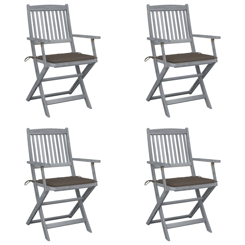 Set de 4 scaune pliabile de exterior cu perne, vidaXL, Lemn de acacia-Poliester, 54 x 57 x 91 cm, 4 cm, Gri/Perne gri taupe