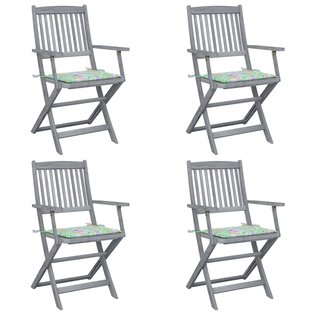 Set de 4 scaune pliabile de exterior cu perne, vidaXL, Lemn de acacia-Poliester, 54 x 57 x 91 cm, 4 cm, Gri/Perne model tropical