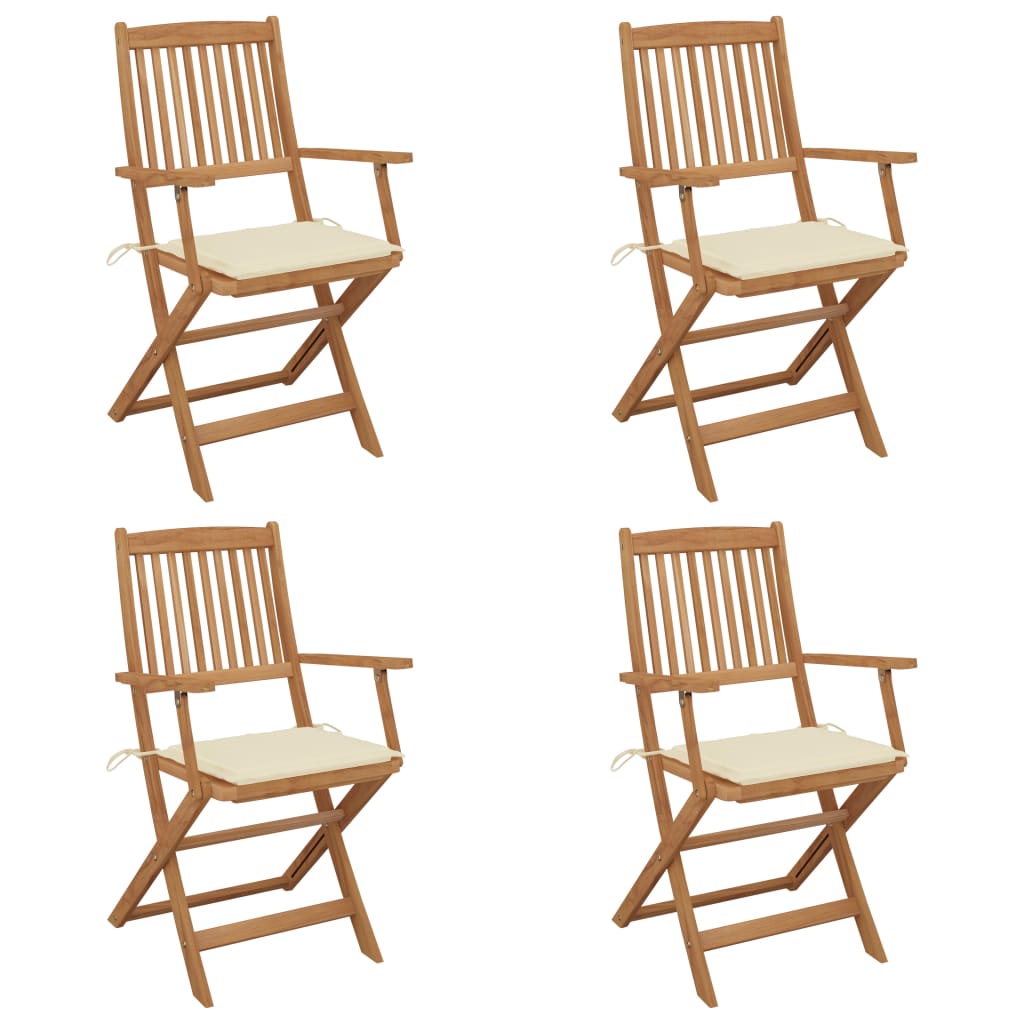 Set de 4 scaune pliabile de gradina, cu brate, vidaXL, Lemn de acacia/Poliester, 54 x 57 x 91 cm, Maro-perne crem