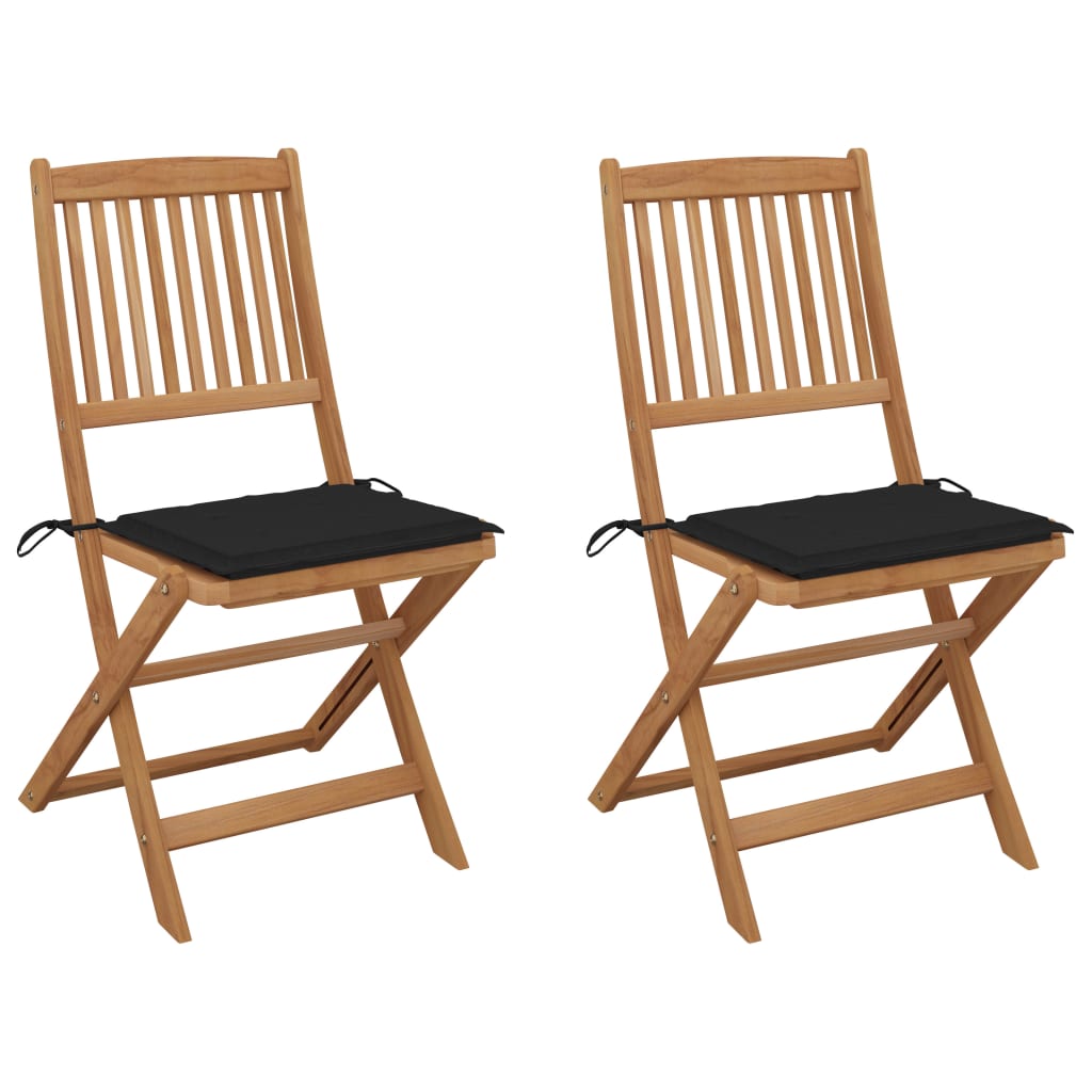 Set de 2 scaune pliabile de gradina cu perne, vidaXL, Lemn de acacia/Poliester, 48,5 x 57 x 91 cm, Maro-perne negru