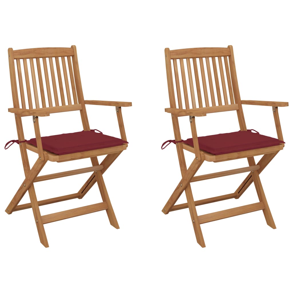 Set de 2 scaune pliabile de gradina, cu brate, vidaXL, Lemn de acacia/Poliester, 54 x 57 x 91 cm, Maro-perne Rosu bordo