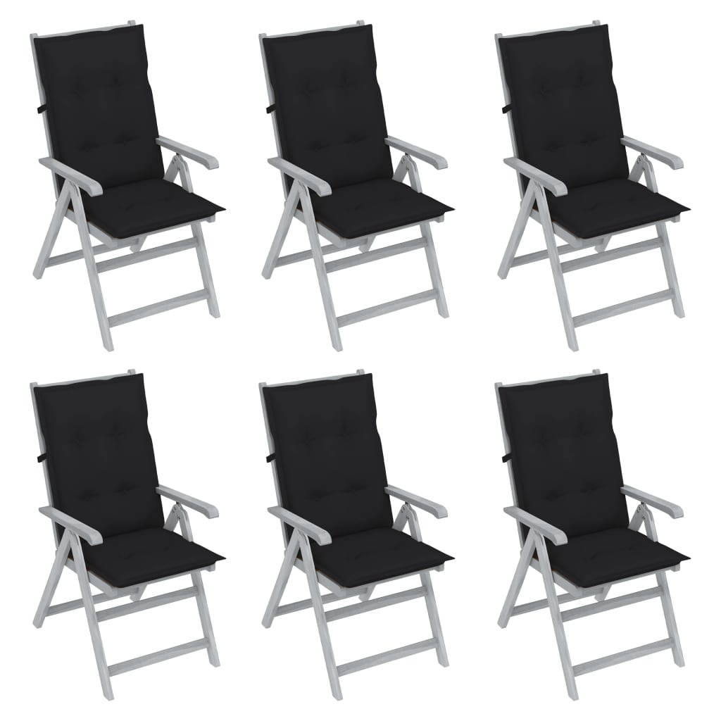 Set de 6 scaune pliabile de gradina cu salteluta, vidaXL, Lemn de acacia/Poliester, 56 x 70 x 110 cm, Gri-perna negru
