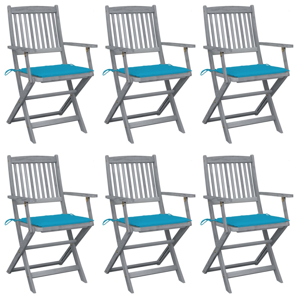 Set de 6 scaune pliabile de exterior cu perna si cu brate, vidaXL, Lemn de acacia/Poliester, 54 x 57 x 91 cm, Gri-perna albastru deschis