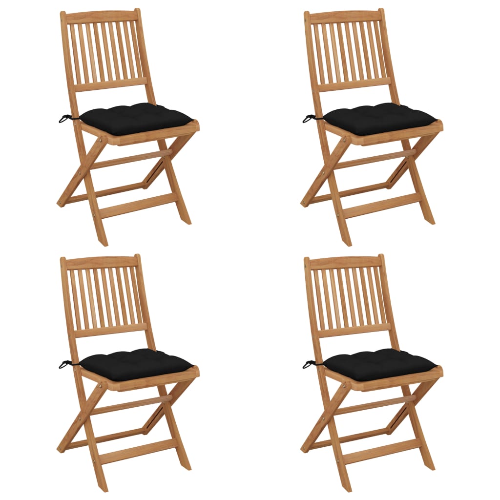 Set de 4 scaune pliabile de gradina cu perne, vidaXL, Lemn de acacia/Poliester, 48,5 x 57 x 91 cm, 7 cm, Maro-perne negru