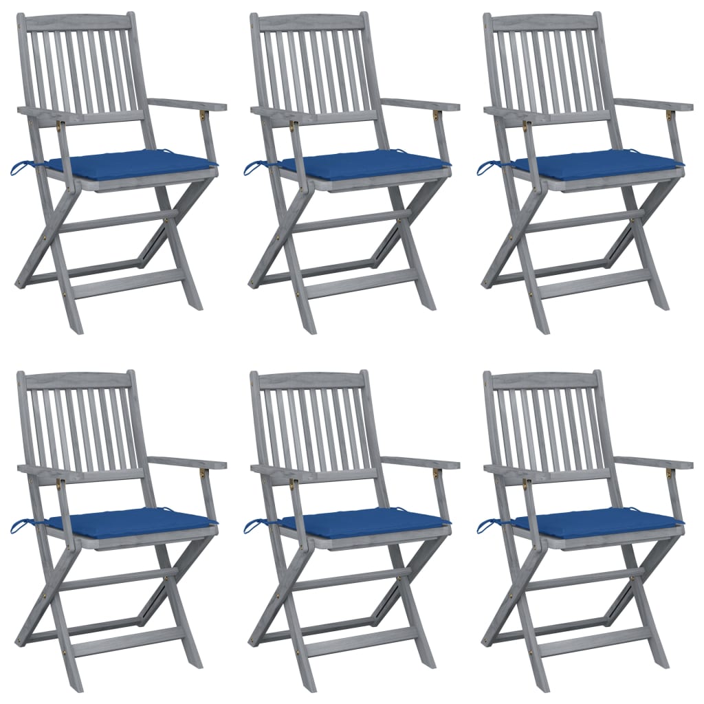 Set de 6 scaune pliabile de exterior cu perna si cu brate, vidaXL, Lemn de acacia/Poliester, 54 x 57 x 91 cm, Gri-perna Albastru