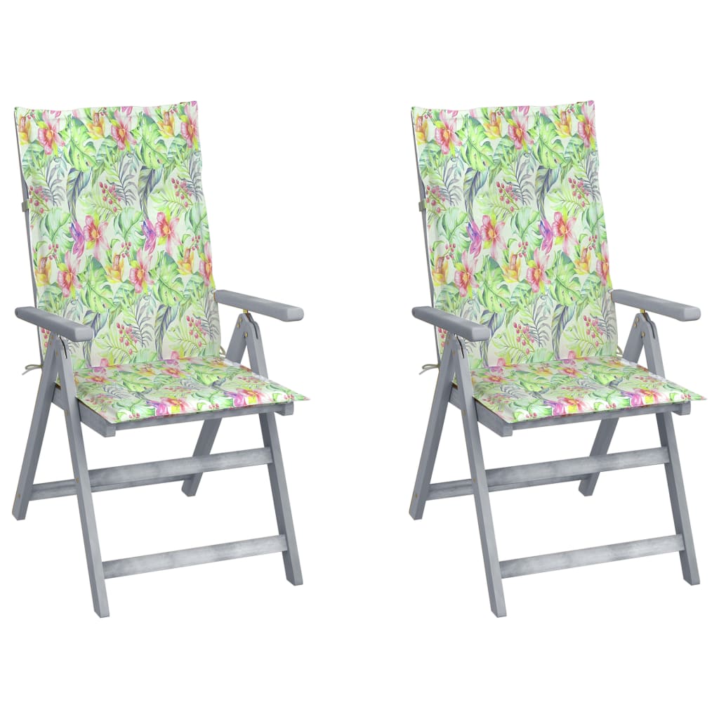 Set de 4 scaune pliabile de gradina cu salteluta, vidaXL, Lemn de acacia/Poliester, 56 x 70 x 110 cm, Gri-perna model tropical