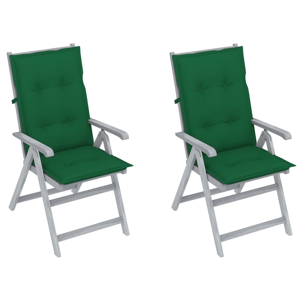 Set de 4 scaune pliabile de gradina cu salteluta, vidaXL, Lemn de acacia/Poliester, 56 x 70 x 110 cm, Gri-perna verde