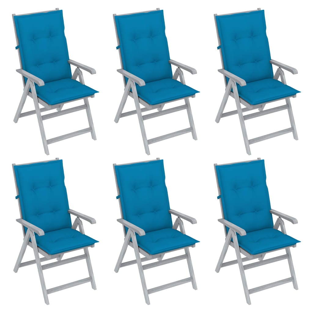 Set de 6 scaune pliabile de gradina cu salteluta, vidaXL, Lemn de acacia/Poliester, 56 x 70 x 110 cm, Gri-perna albastru