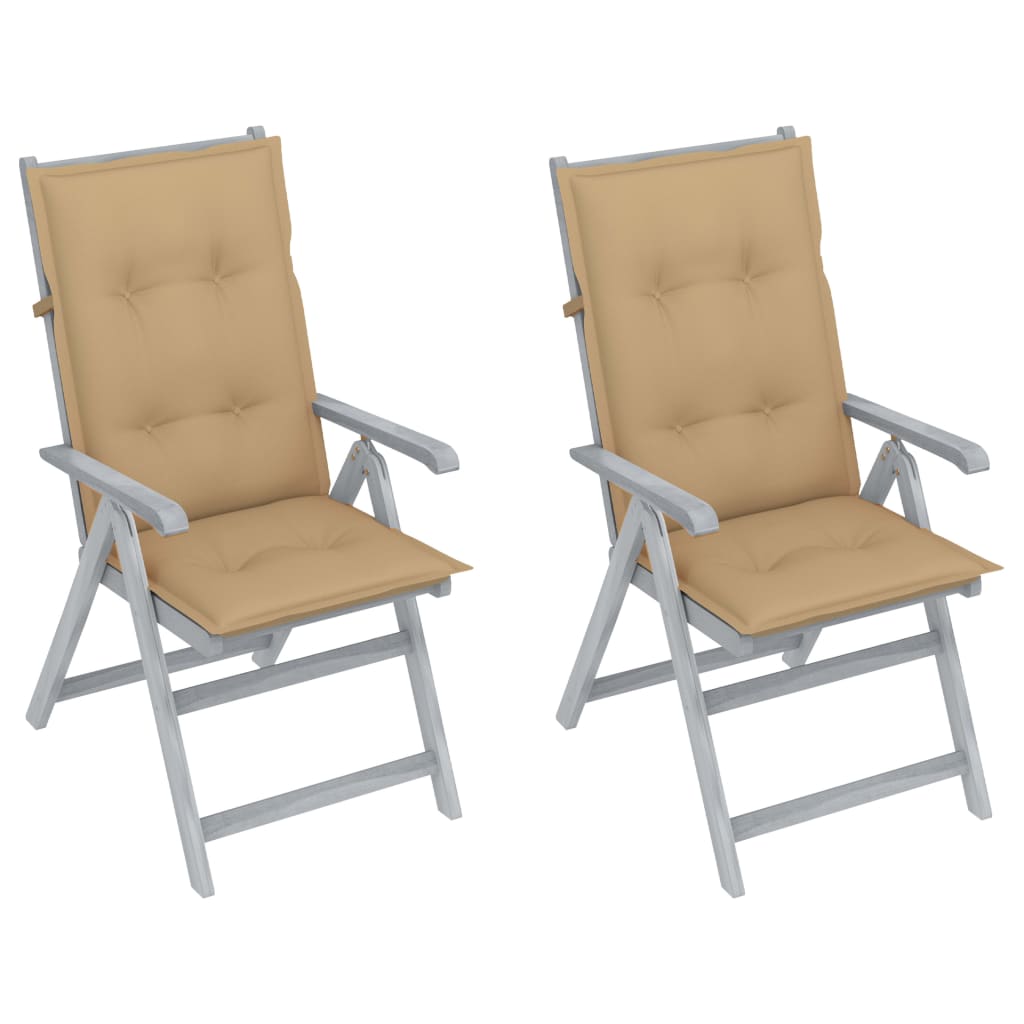 Set de 4 scaune pliabile de gradina cu salteluta, vidaXL, Lemn de acacia/Poliester, 56 x 70 x 110 cm, Gri-perna bej