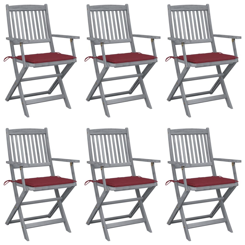 Set de 6 scaune pliabile de exterior cu perna si cu brate, vidaXL, Lemn de acacia/Poliester, 54 x 57 x 91 cm, Gri-perna rosu bordo