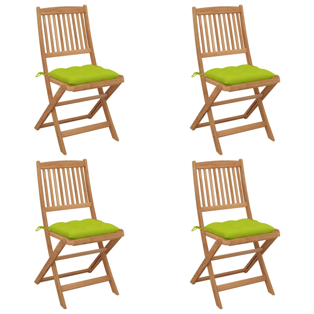 Set de 4 scaune pliabile de gradina cu perne, vidaXL, Lemn de acacia/Poliester, 48,5 x 57 x 91 cm, 7 cm, Maro-perne verde aprins