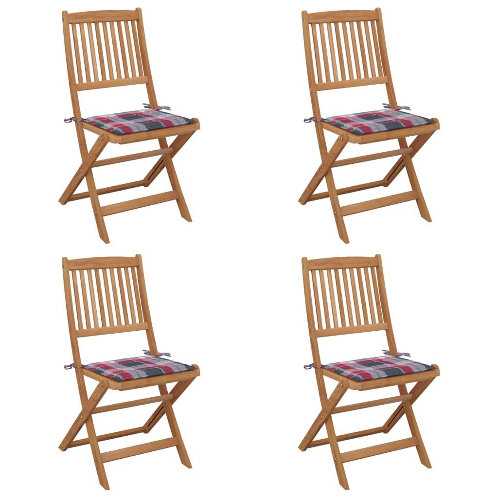 Set de 4 scaune pliabile de gradina cu perne, vidaXL, Lemn de acacia/Poliester, 48,5 x 57 x 91 cm, Maro-perne model carouri rosu/gri