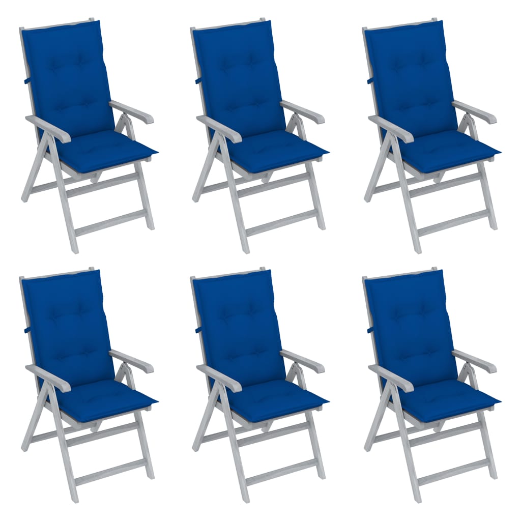 Set de 6 scaune pliabile de gradina cu salteluta, vidaXL, Lemn de acacia/Poliester, 56 x 70 x 110 cm, Gri-perna albastru regal