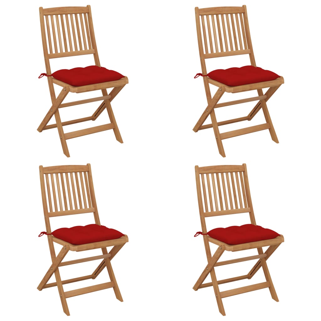 Set de 4 scaune pliabile de gradina cu perne, vidaXL, Lemn de acacia/Poliester, 48,5 x 57 x 91 cm, 7 cm, Maro-perne rosu bordo