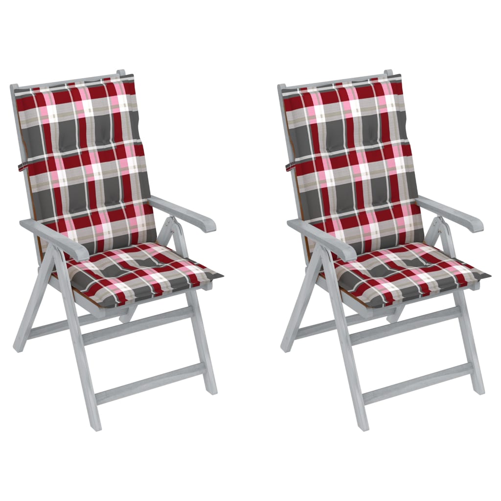 Set de 4 scaune pliabile de gradina cu salteluta, vidaXL, Lemn de acacia/Poliester, 56 x 70 x 110 cm, Gri-perna carouri gri/rosu