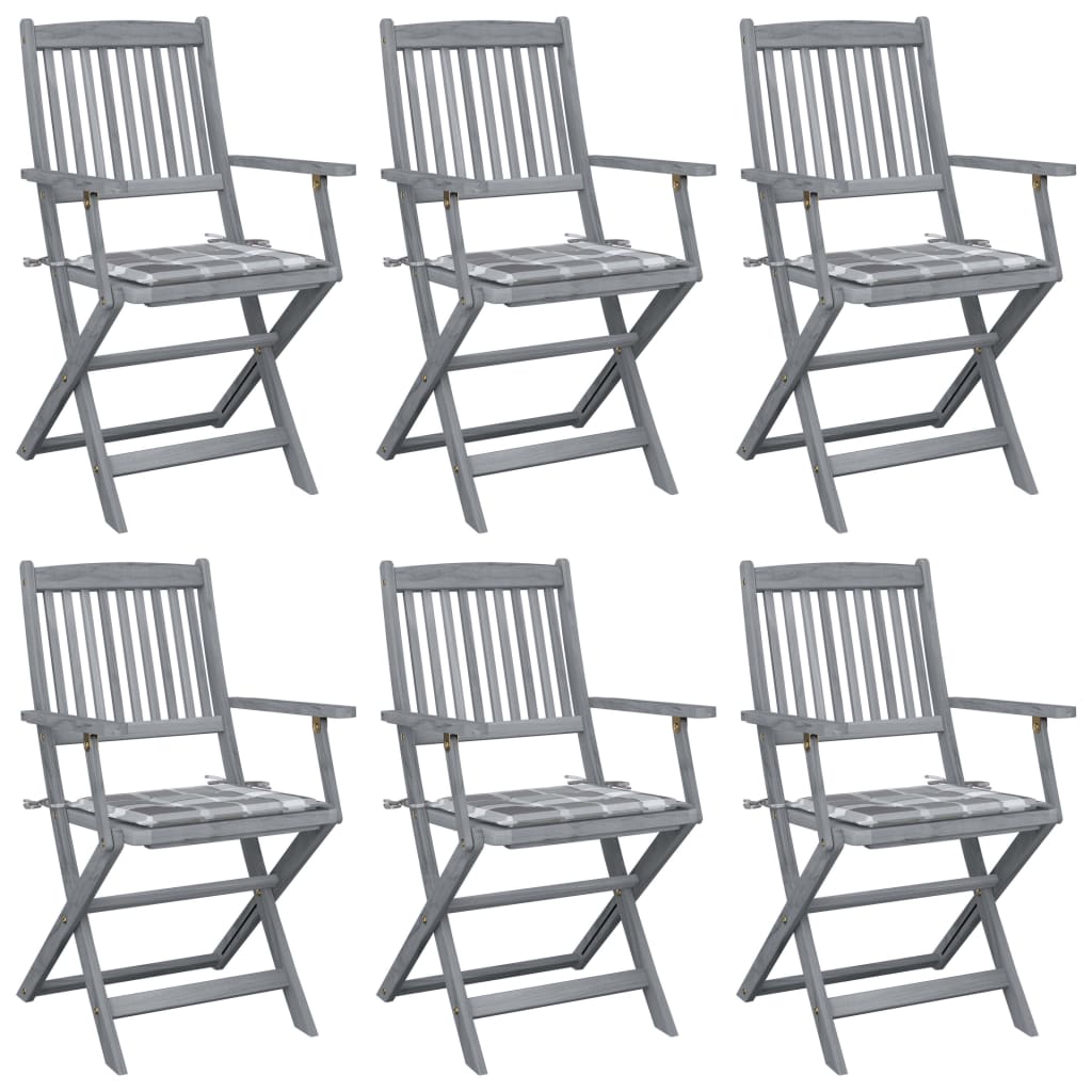 Set de 6 scaune pliabile de exterior cu perna si cu brate, vidaXL, Lemn de acacia/Poliester, 54 x 57 x 91 cm, Gri-perna model carouri gri