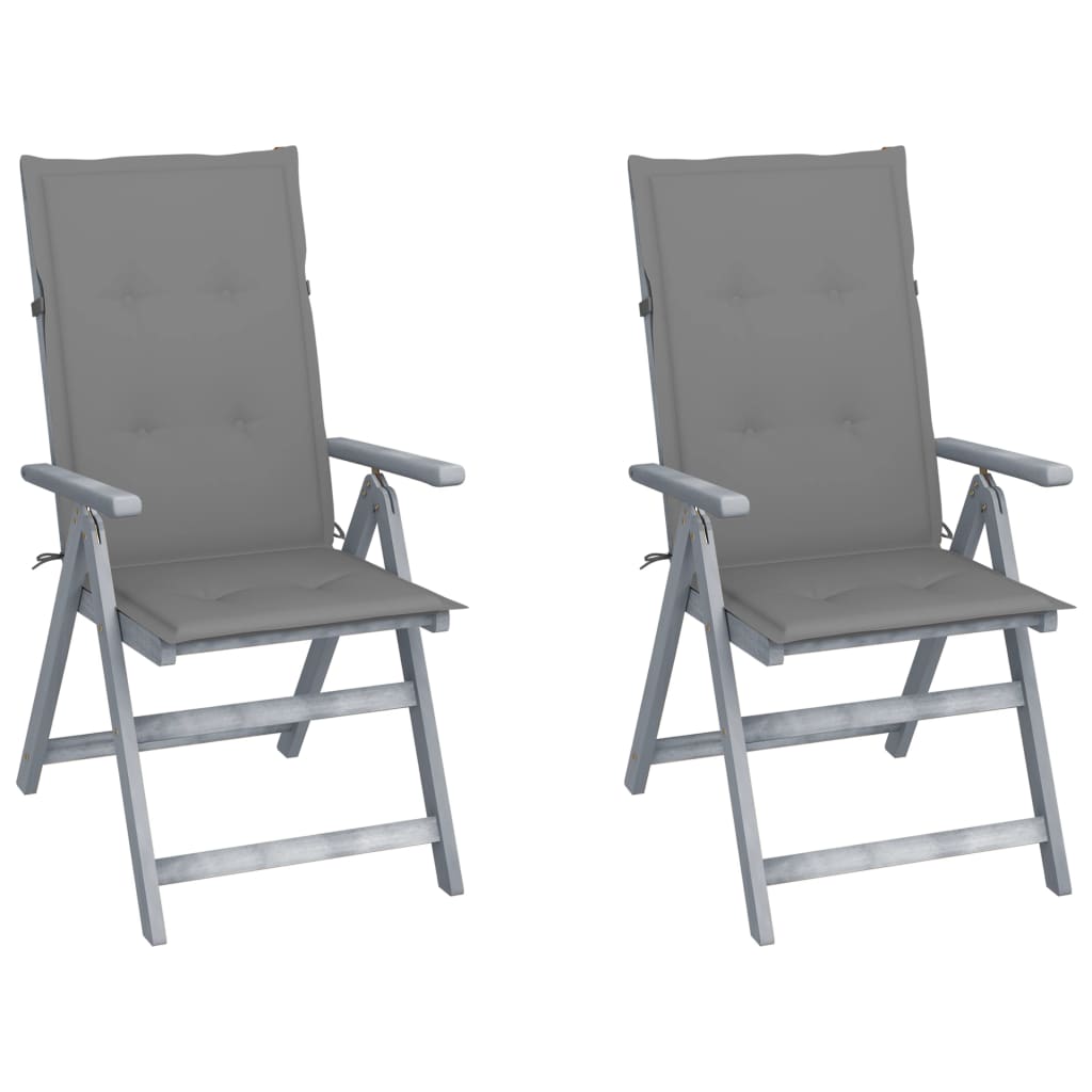 Set de 4 scaune pliabile de gradina cu salteluta, vidaXL, Lemn de acacia/Poliester, 56 x 70 x 110 cm, Gri-perna gri deschis