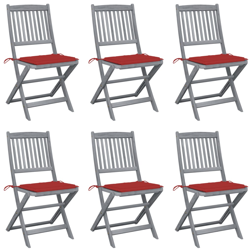 Set 6 scaune pliabile de exterior cu perna, vidaXL, Lemn de acacia/Poliester, 48,5 x 57 x 91 cm, Gri/Perne rosu