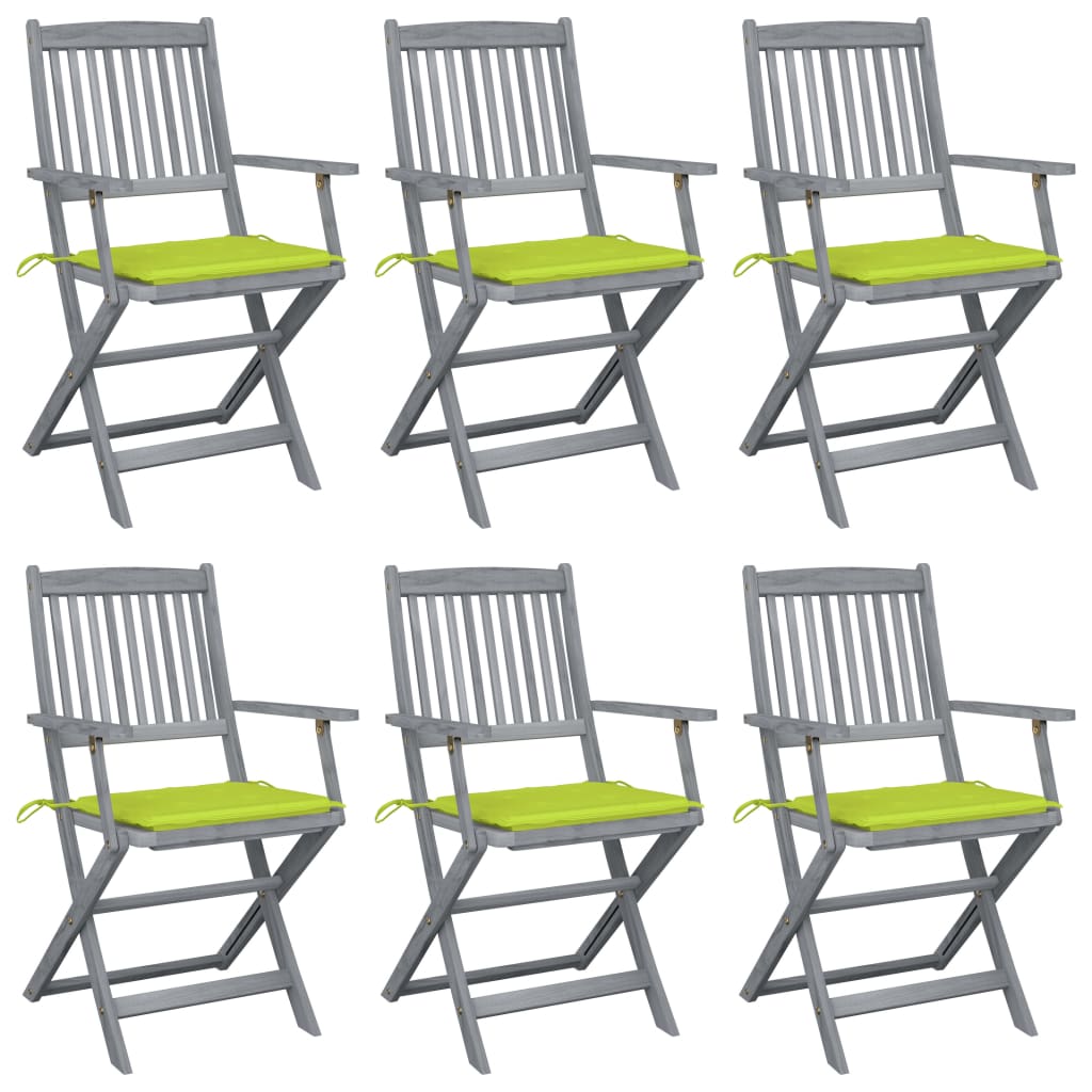 Set de 6 scaune pliabile de exterior cu perna si cu brate, vidaXL, Lemn de acacia/Poliester, 54 x 57 x 91 cm, Gri-perna Verde deschis
