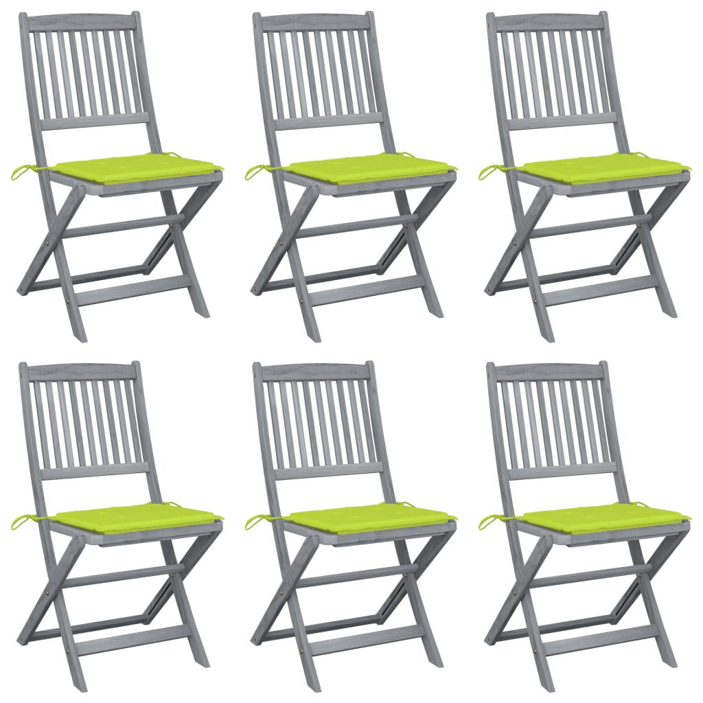Set 6 scaune pliabile de exterior cu perna, vidaXL, Lemn de acacia/Poliester, 48,5 x 57 x 91 cm, Gri/Perne verde aprins