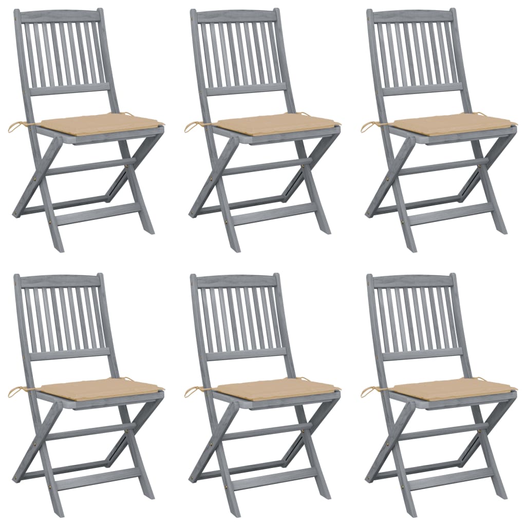 Set 6 scaune pliabile de exterior cu perna, vidaXL, Lemn de acacia/Poliester, 48,5 x 57 x 91 cm, Gri/Perne bej