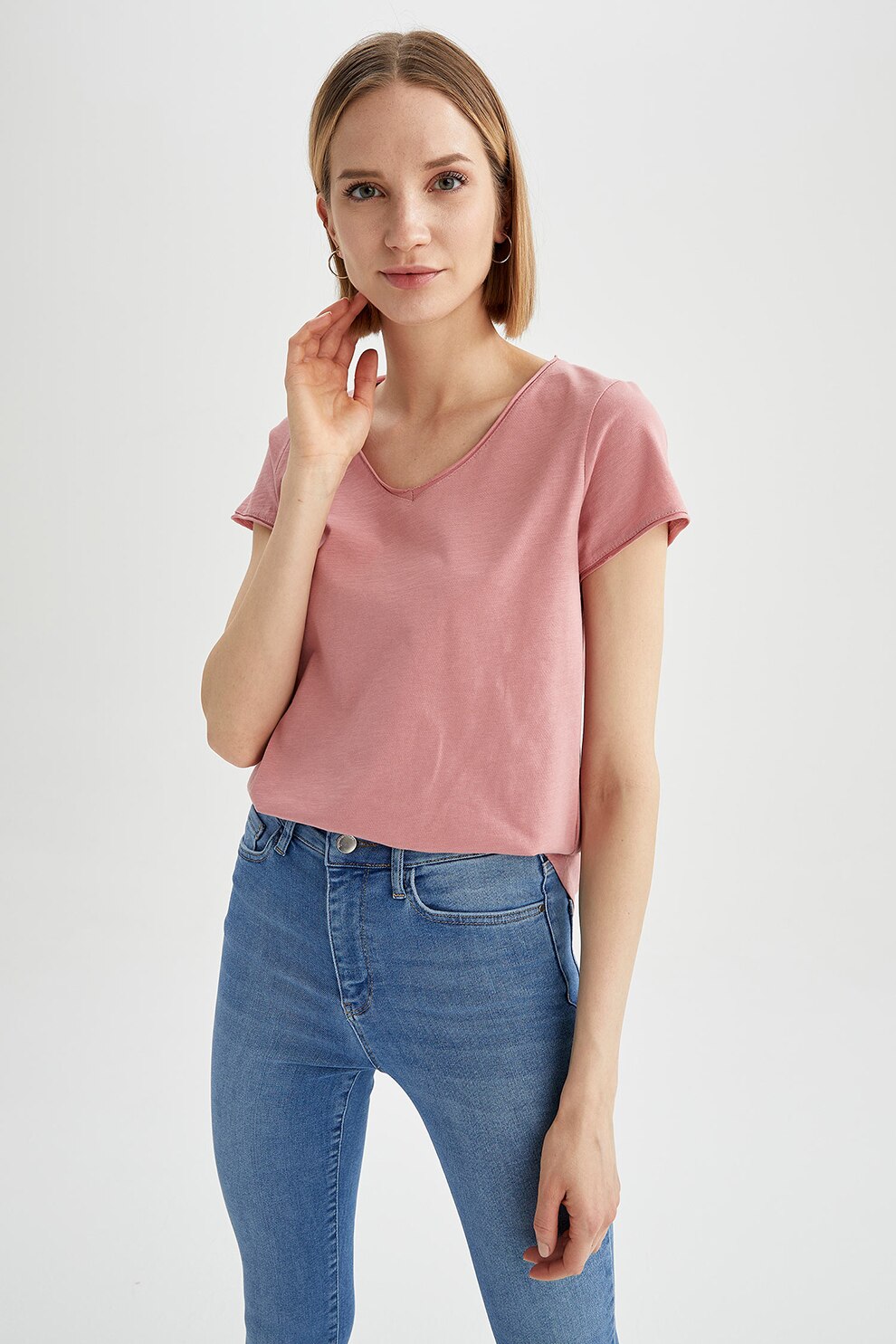 DeFacto, Tricou de bumbac cu decolteu in V, Roz prafuit