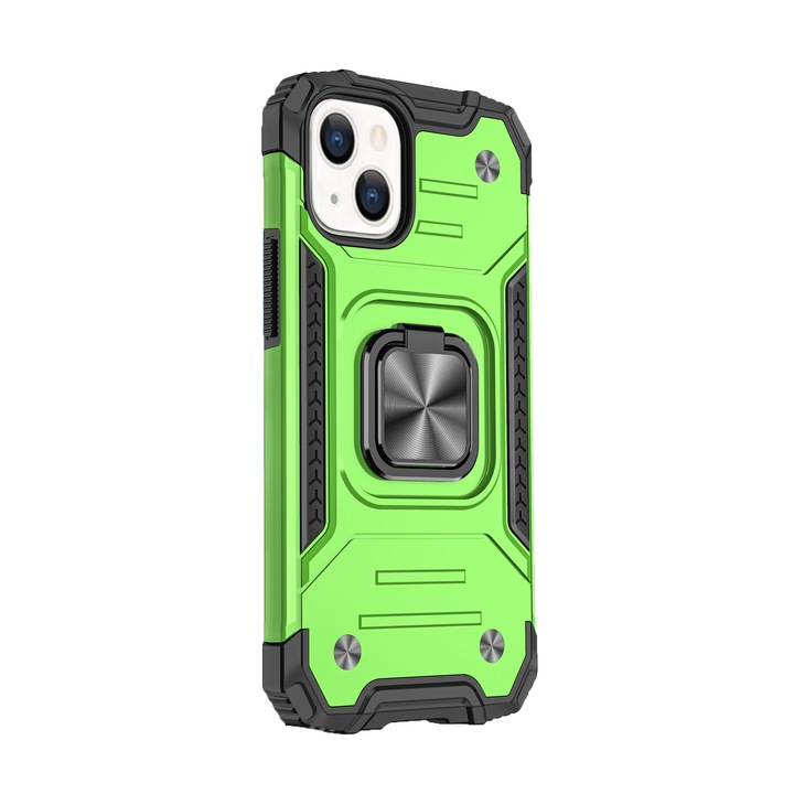 Husa compatibila cu Apple iPhone 13, ASKSA, Ring (cu inel + Magnet) Brave Armor, Verde/Negru