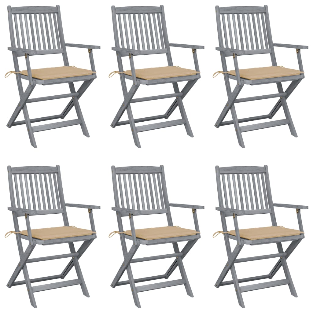 Set de 6 scaune pliabile de exterior cu perna si cu brate, vidaXL, Lemn de acacia/Poliester, 54 x 57 x 91 cm, Gri-perna bej