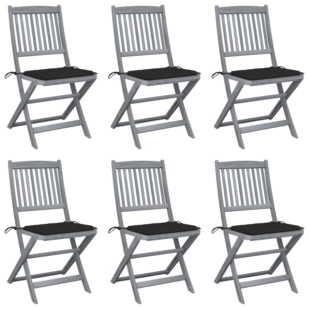 Set 6 scaune pliabile de exterior cu perna, vidaXL, Lemn de acacia/Poliester, 48,5 x 57 x 91 cm, Gri/Perne negru