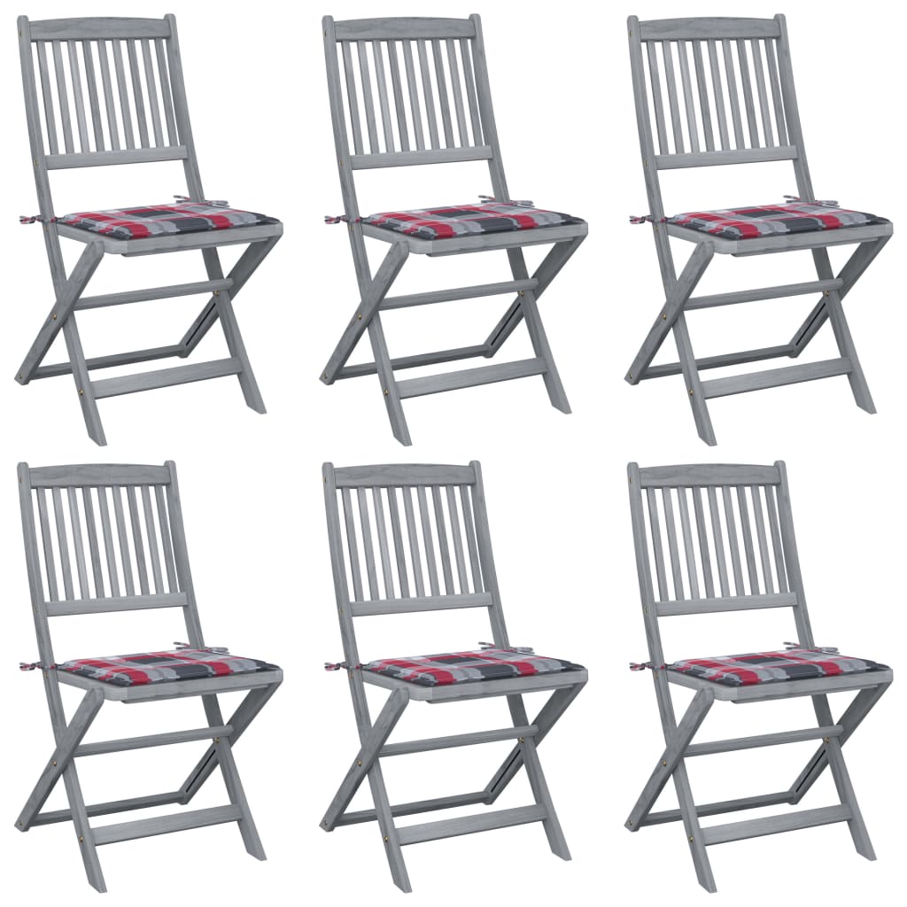 Set 6 scaune pliabile de exterior cu perna, vidaXL, Lemn de acacia/Poliester, 48,5 x 57 x 91 cm, Gri/Perne model carouri rosu/gri