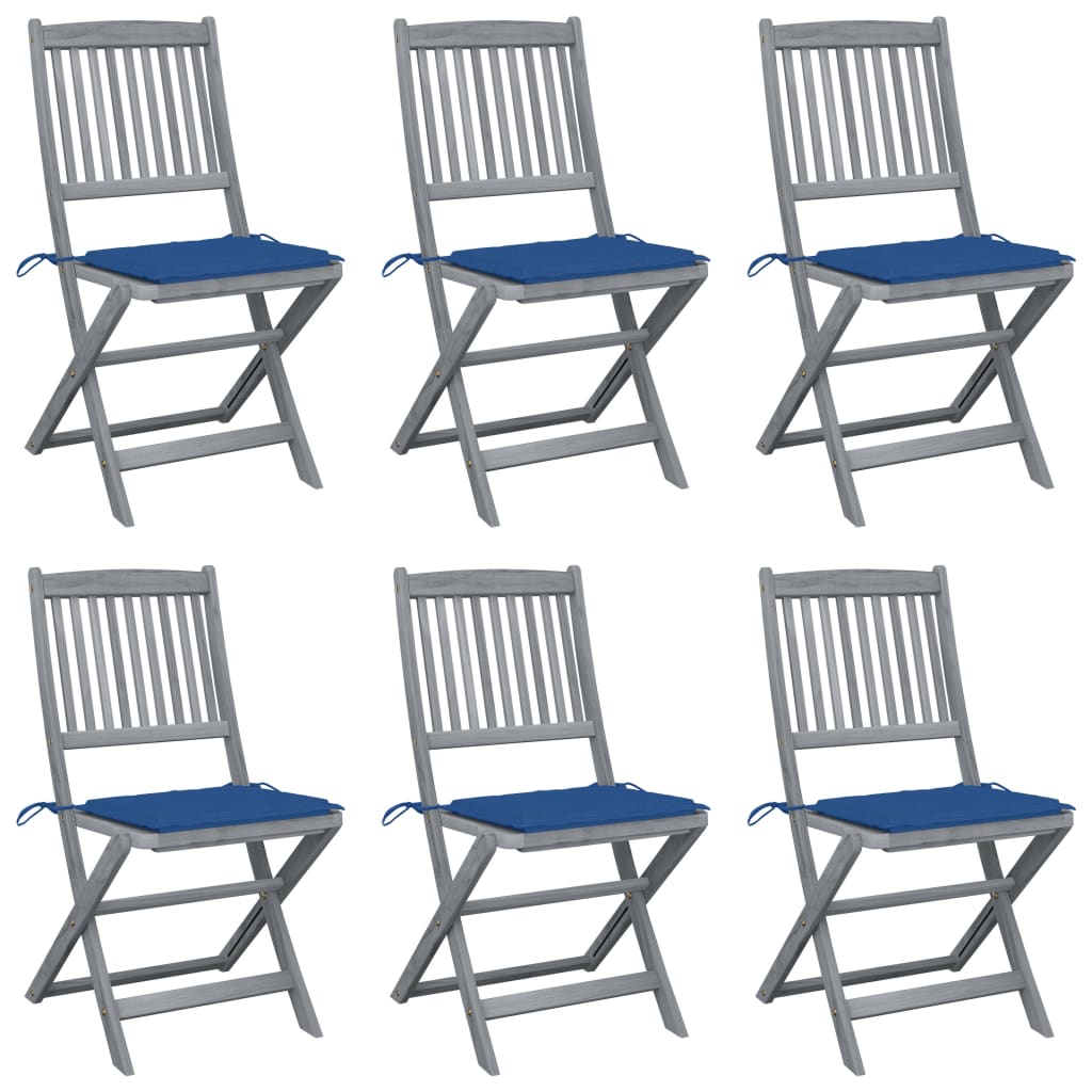 Set 6 scaune pliabile de exterior cu perna, vidaXL, Lemn de acacia/Poliester, 48,5 x 57 x 91 cm, Gri/Perne Albastru