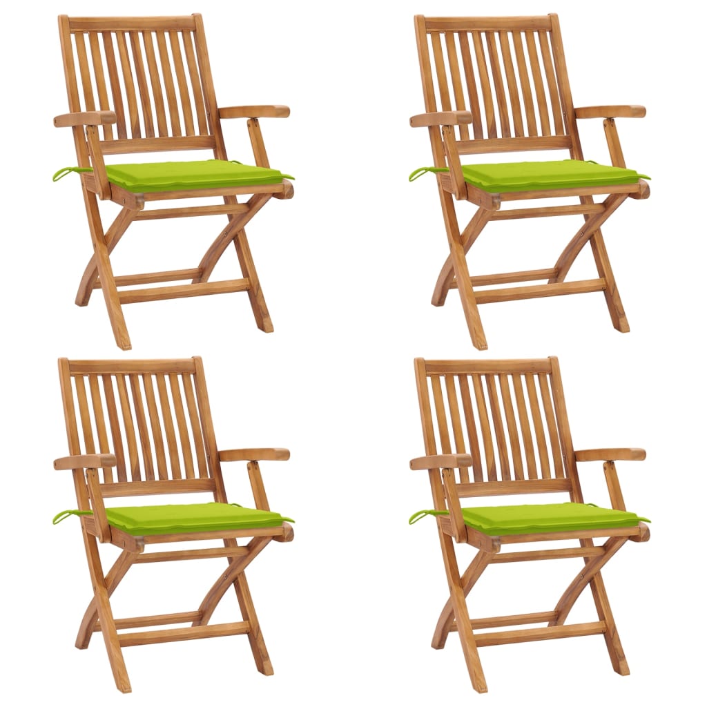 Set de 4 scaune pliabile de gradina. vidaXL, Lemn de tec - finisaj baza apa/Poliester, 56 x 58 x 88 cm, Maro-perne verde aprins