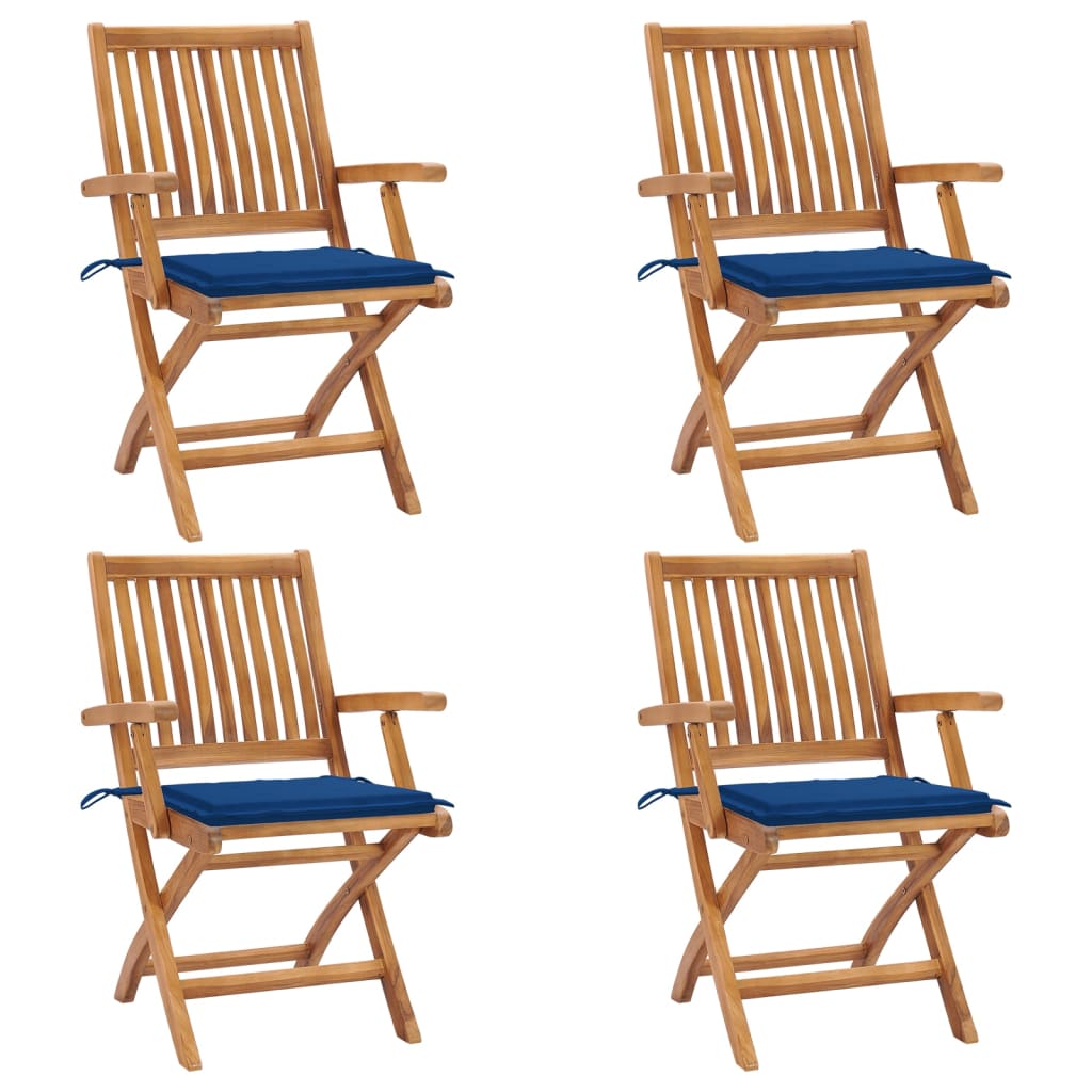Set de 4 scaune pliabile de gradina. vidaXL, Lemn de tec - finisaj baza apa/Poliester, 56 x 58 x 88 cm, Maro-perne albastru regal