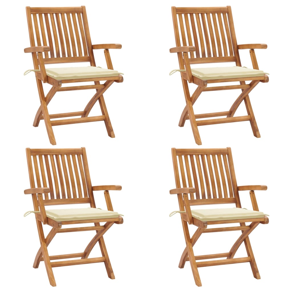 Set de 4 scaune pliabile de gradina. vidaXL, Lemn de tec - finisaj baza apa/Poliester, 56 x 58 x 88 cm, Maro-perne crem