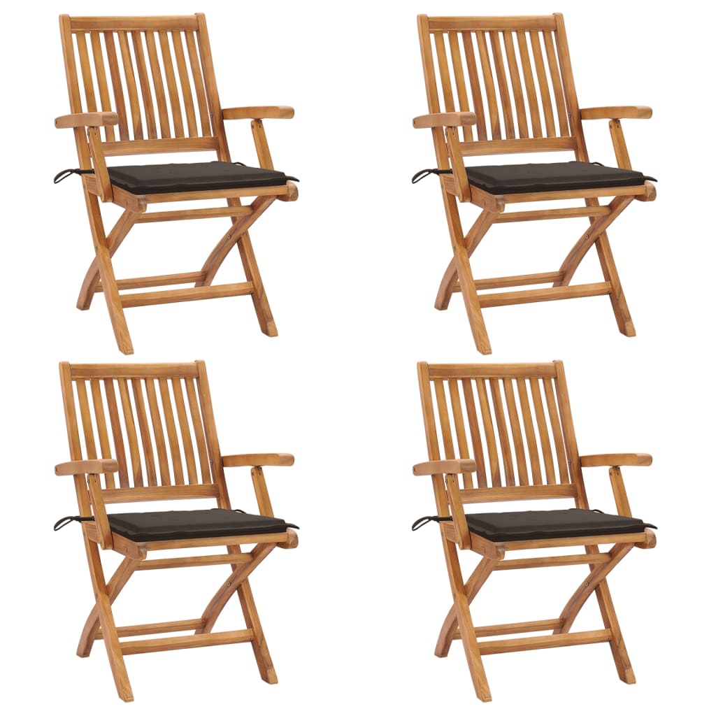 Set de 4 scaune pliabile de gradina. vidaXL, Lemn de tec - finisaj baza apa/Poliester, 56 x 58 x 88 cm, Maro-perne gri taupe