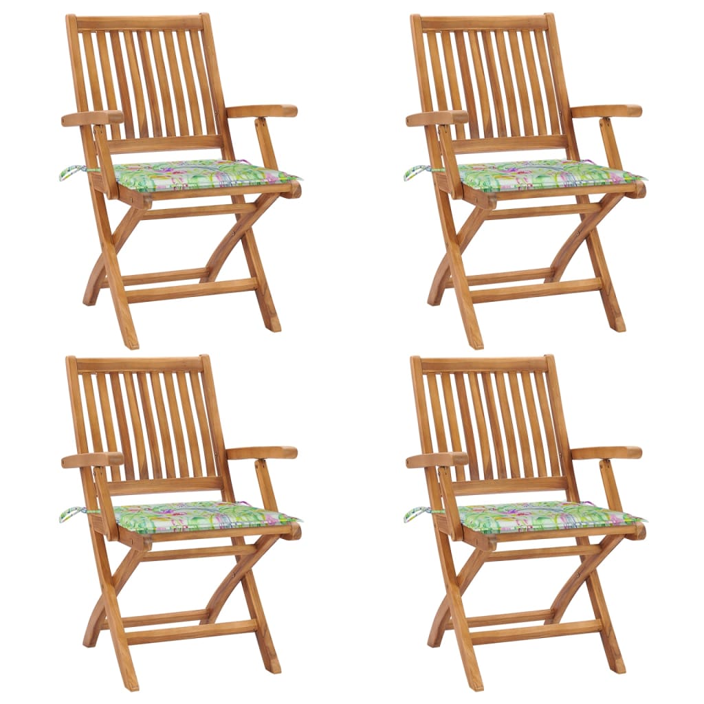 Set de 4 scaune pliabile de gradina. vidaXL, Lemn de tec - finisaj baza apa/Poliester, 56 x 58 x 88 cm, Maro-perne model exotic
