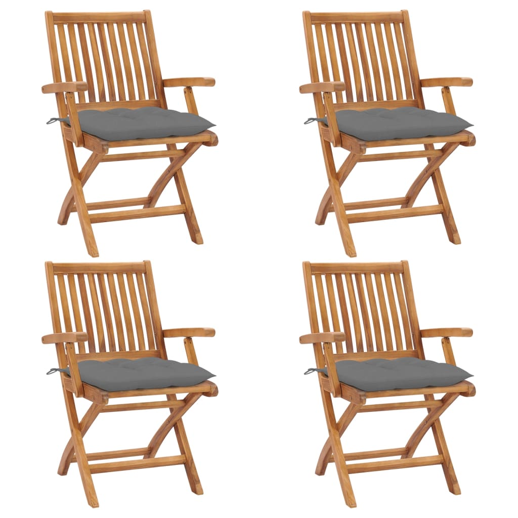 Set de 4 scaune pliabile de gradina. vidaXL, Lemn de tec - finisaj baza apa/Poliester, 56 x 58 x 88 cm, 7 cm, Maro-perne gri