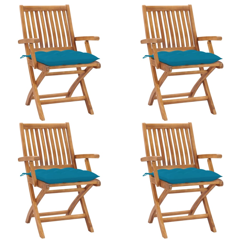 Set de 4 scaune pliabile de gradina. vidaXL, Lemn de tec - finisaj baza apa/Poliester, 56 x 58 x 88 cm, 7 cm, Maro-perne albastru deschis