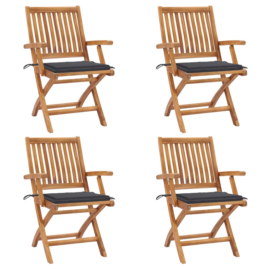 Set de 4 scaune pliabile de gradina. vidaXL, Lemn de tec - finisaj baza apa/Poliester, 56 x 58 x 88 cm, Maro-perne antracit