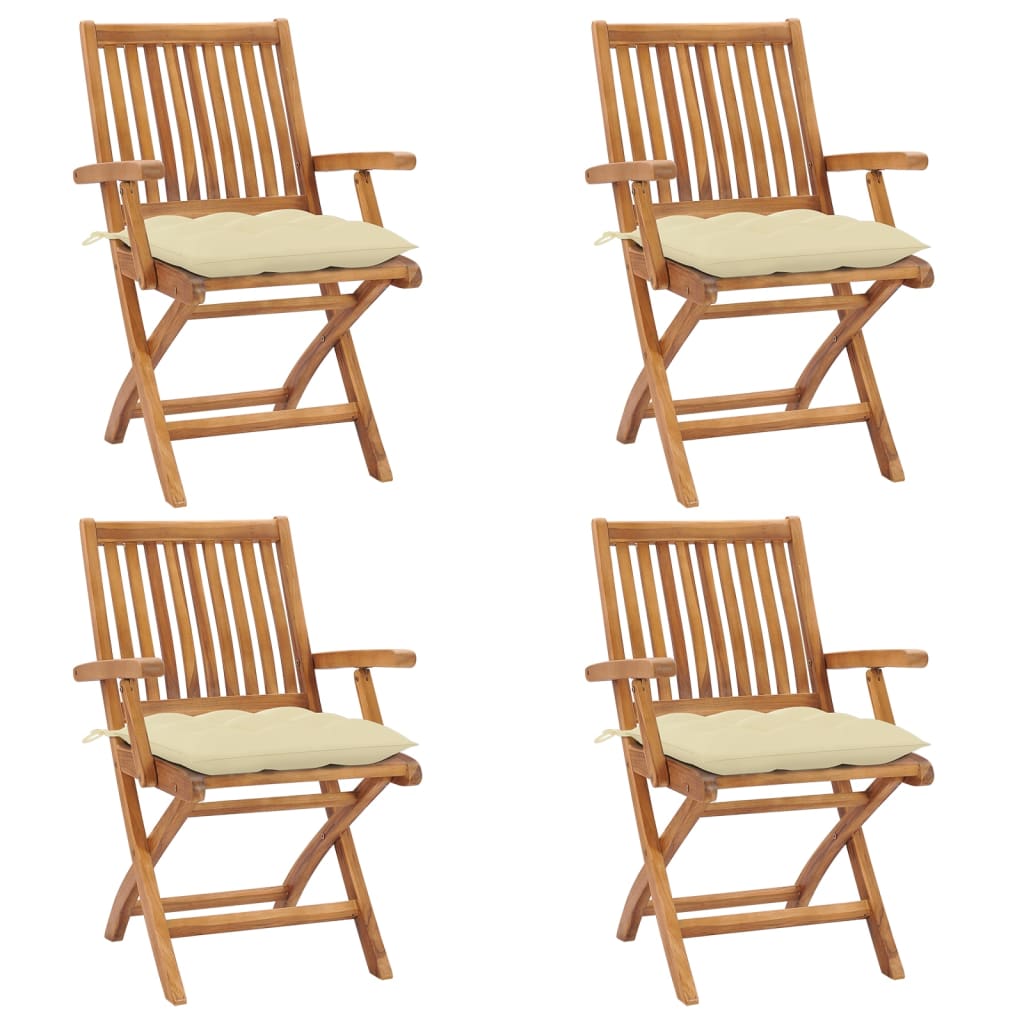 Set de 4 scaune pliabile de gradina. vidaXL, Lemn de tec - finisaj baza apa/Poliester, 56 x 58 x 88 cm, 7 cm, Maro-perne crem